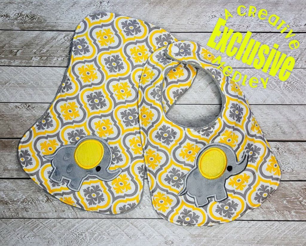 Wavy Bib and Burp Cloth with Elephant In the Hoop for large hoops