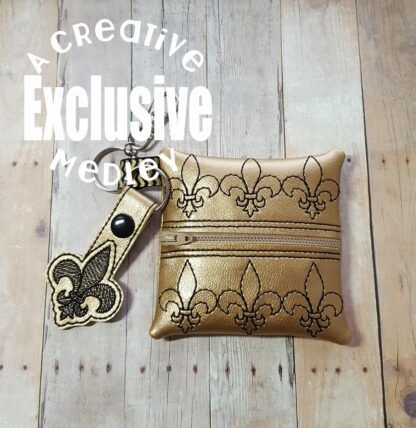 Fleur de lis Motif Zipper Bag In the Hoop - for 4x4 hoops - with bonus snaptab