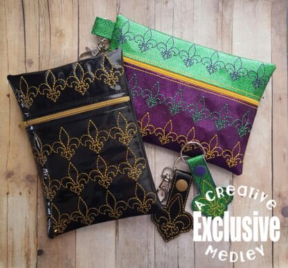 Fleur-de-lis Motif Zipper Bag In the Hoop - for 5x7 hoops - Horizontal and Vertical - Bonus Keyfob!