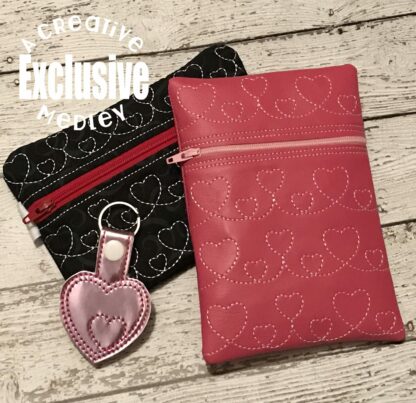 Hearts Motif Zipper Bag In the Hoop - for 5x7 hoops - Horizontal and Vertical - Bonus Keyfob!