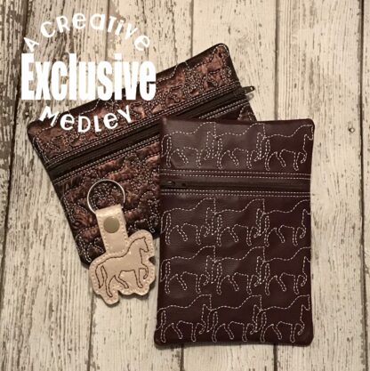 Horses Motif Zipper Bag In the Hoop - for 5x7 hoops - Horizontal and Vertical - Bonus Keyfob!